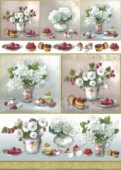 Découpage papír 70x50cm - Vázy s bílými květy a dortíky