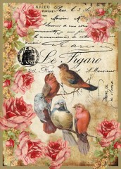 Découp. papír rýžový A4 - Vintage ptáčci s růžemi - Le Figaro