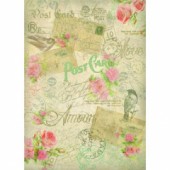 Découp. papír rýžový A4 - POSTCARD - pohlednice s růžemi a ptáčky